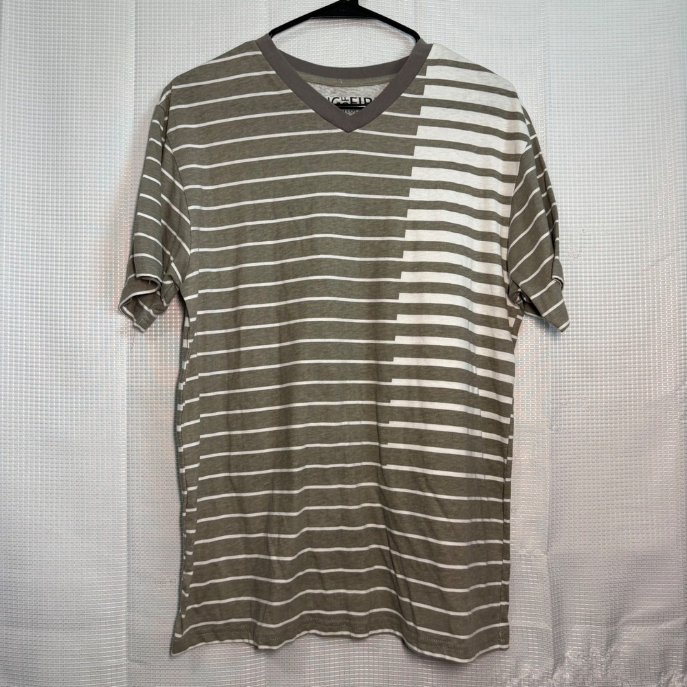 Ring of Fire V-Neck T-Shirt Medium Olive Green Asymmetrical Stripe Basic